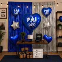 Kit Decoração Dia dos Pais 2 Cortinas + 7 Balões Coração Estrela comemorações festa vitrine COR:AZUL E PRATA Kit Decoração Dia dos Pais 2 Cortinas + 7 Balões Coração Estrela comemorações festa vitrine COR:AZUL E PRATA