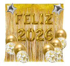 Kit Decoração Feliz 2026 Dourado Bex Estrela Prata Reveillon