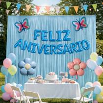 Kit Decoração Feliz Aniversário c/ 3 Cortinas metalizadas 1x2m e 4 Balões, Festas, Eventos, Comemorações Cor:Kit Azul
