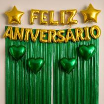 Kit Decoração Feliz Aniversário, Cortinas Metalizadas 1x2m e Balões Estrela e Coração