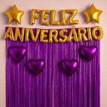 Kit Decoração Feliz Aniversário, Cortinas Metalizadas 1x2m e Balões Estrela e Coração