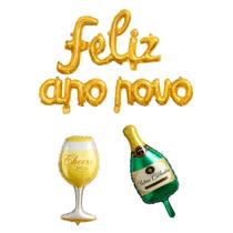 Kit Decoração Feliz Ano Novo c/ 2 Cortinas Metalizadas 1x2m + Balão Taça e Champanhe + 2 Balões Estrela, Festas, Eventos