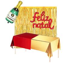 Kit Decoração Festa: Balão Metalizado Feliz Natal + 1 Balão Champanhe + 2 Cortinas Metalizadas + 2 Toalha = 6 Produtos