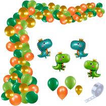 Kit Decoração Festa Dinossauro: 90 Balões Bexigas + 4 Balões Metalizados Dinossauro + 1 Fita Arco Desconstruído 5m
