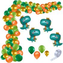 Kit Decoração Festa Dinossauro: 90 Balões Bexigas + 4 Balões Metalizados Dinossauro + 1 Fita Arco Desconstruído 5m