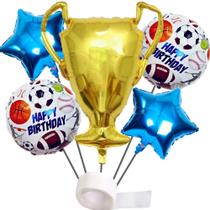 Kit Decoração Festa Esportes: 1 Balão Troféu Metalizado +2 Balões Esportes Redondo +2 Balões Estrelas +Fita Cola Adesiva