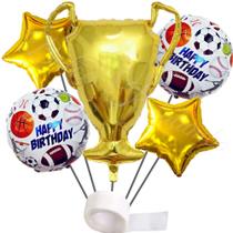 Kit Decoração Festa Esportes: 1 Balão Troféu Metalizado +2 Balões Esportes Redondo +2 Balões Estrelas +Fita Cola Adesiva