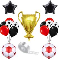 Kit Decoração Festa Futebol: 2 Balão Metalizado Bola de Futebol +1 Balão Troféu +2 Balão Estrelas + 75 Balões Bexigas