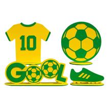 Kit Decoração Festa Futebol MDF 4 Peças Camiseta Bola Chuteira Verde Amarelo