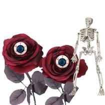 Kit Decoração Festa Halloween: Buquê 2 Rosas Vermelho Escura + 2 Olhos Zumbi + 1 Mini Esqueleto = 5 Produtos