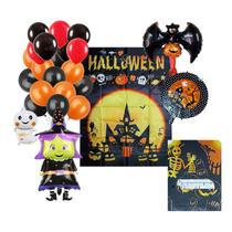 Kit Decoração Festa Halloween: Painel Mesa + 4 Balões Metalizados + 50 Bexigas + 1 Toalha Mesa Temática Metalizada - Binfen