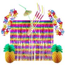 Kit Decoração Festa Havaiana Luau: Cortina Metalizada + Colar + Canudos + Abacaxi Colmeia = 11 Produtos Temáticos