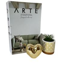 Kit decoração livro arte + vaso artesanal + coração dourado