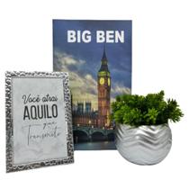 Kit decoração livro Big Ben + vaso prata + porta retrato