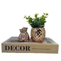Kit decoracão livro Decor + vaso cerâmico + enfeite gatinho
