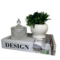 Kit decoração livro Design + vaso branco + potiche de vidro