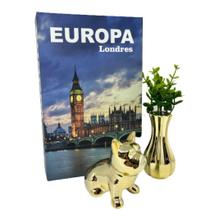 Kit decoração livro Europa + vaso cerâmico + bulldog dourado