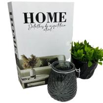 Kit decoração livro home + vaso cerâmico + castiçal de vidro