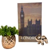 Kit decoração livro Londres + vaso cerâmico + elefante rose