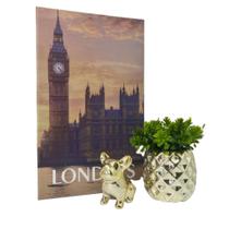 Kit decoração livro Londres + vaso dourado + bulldog dourado