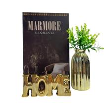 Kit decoração livro Mármore + palavra home + vaso dourado