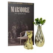 Kit decoração livro Marmore + vaso dourado + enfeite gato