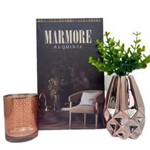 Kit decoração livro Marmore + vaso rose + castiçal de vidro