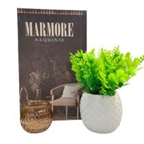Kit decoração livro marrom + vaso branco + castiçal de vidro