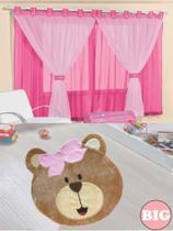 Kit decoração p/ Quarto de Menina = Cortina Malha Juvenil + Tapete Pelucia Big Ursinha - Pink