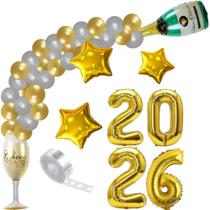 Kit Decoração Réveillon 2026: 40 Balões Bexigas N9+ Balão Taça Cheers + Balão Garrafa Champanhe 100cm+ 3 Estelas 45cm Kit Decoração Réveillon 2026: 40 Balões Bexigas N9+ Balão Taça Cheers + Balão Garrafa Champanhe 100cm+ 3 Estelas 45cm