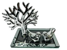 Kit Decoração Sala Cerâmica Bandeja Vidro Enfeite Passarinho Árvore da Vida