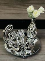 Kit Decoração Sala Prata Vaso Flores Bandeja Vidro Passarinho Mesa