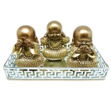 Kit Decoração Trio Budas Dourados na Bandeja Espelhada 10 cm