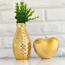 Kit Decoração Vasinho Planta Coração Dourado Gold Porcelana