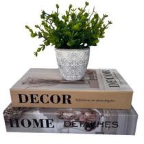 Kit decoração vaso de cimento + buquê folhas + 2 livros