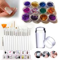 Kit Decorar Unha Gel Acrigel Porcelana Maquiagem Artistica Carimbo Francesinha 12 Gliter Purpurina 15 Pinceis