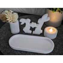 Kit Decorativo de Páscoa com Coelhos, Mini Vaso para Plantas, Porta Vela Artificial e Bandeja, Ideal