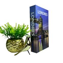 Kit decorativo livro Londres + vaso dourado + pássaro