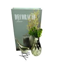 Kit decorativo livro verde + vaso dourado + pássaro cerâmico
