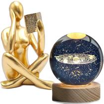 Kit Decorativo Luminária Criativa Bola Cristal Planeta galáxia + Estátua Pensador Abstrato Homem Refletindo Enfeite