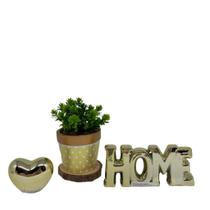 Kit decorativo palavra Home, vaso mosaico e coração dourado