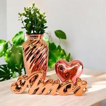 Kit Decorativo para Sala Vaso com Planta Coração com Palavra Amor Dourado Rose