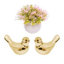 Kit Decorativo Passarinho Porcelana E Vasinho Planta Sala COR:ROSA Kit Decorativo Passarinho Porcelana E Vasinho Planta Sala COR:ROSA
