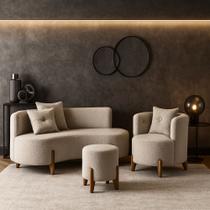 Kit Decorativo Sofá Curvo Orgânico + 01 Puff e Poltrona Luna Boucle Cinza Claro - Montanaris Decor