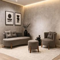 Kit Decorativo Sofá Curvo Orgânico + 01 Puff e Poltrona Luna Boucle Cinza - Montanaris Decor