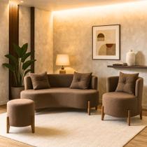 Kit Decorativo Sofá Curvo Orgânico + 01 Puff e Poltrona Luna Boucle Marrom - Montanaris Decor