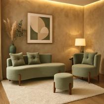 Kit Decorativo Sofá Curvo Orgânico + 01 Puff e Poltrona Luna Boucle Verde Oliva - Montanaris Decor Kit Decorativo Sofá Curvo Orgânico + 01 Puff e Poltrona Luna Boucle Verde Oliva - Montanaris Decor