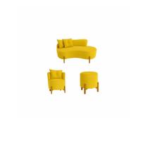 Kit Decorativo Sofá Curvo Orgânico + 01 Puff e Poltrona Luna Veludo Amarelo - Montanaris Decor Kit Decorativo Sofá Curvo Orgânico + 01 Puff e Poltrona Luna Veludo Amarelo - Montanaris Decor
