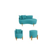 Kit Decorativo Sofá Curvo Orgânico + 01 Puff e Poltrona Luna Veludo Azul Turquesa - Montanaris Decor