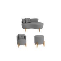 Kit Decorativo Sofá Curvo Orgânico + 01 Puff e Poltrona Luna Veludo Cinza - Montanaris Decor